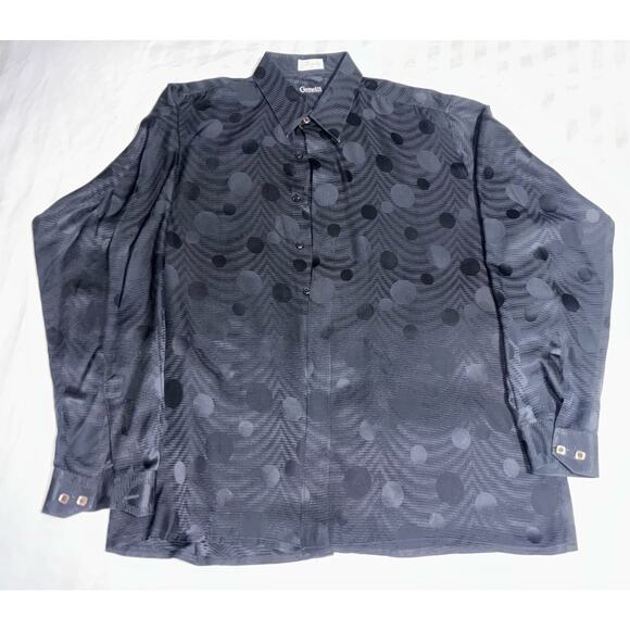 VINTAGE MENS GENELLI Black Tone On tone SILK SHIRT NEHRU COLLAR XL Circles - Picture 1 of 8
